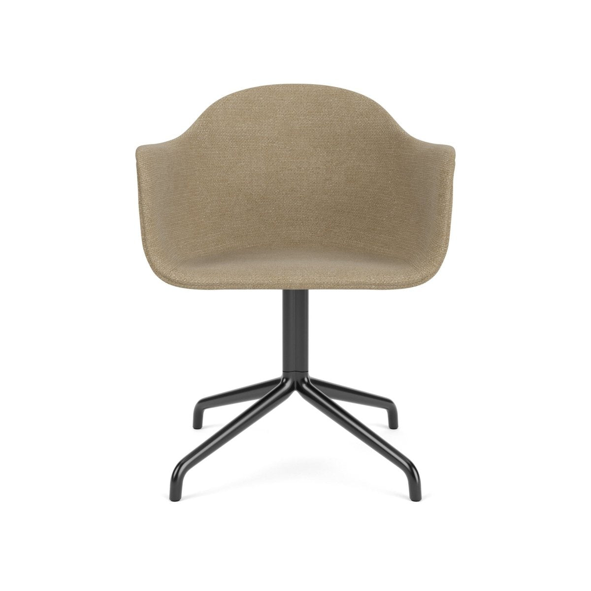 Front view of the Harbour Arm Chair with a beige boucle upholstered shell and a black star base with swivel.