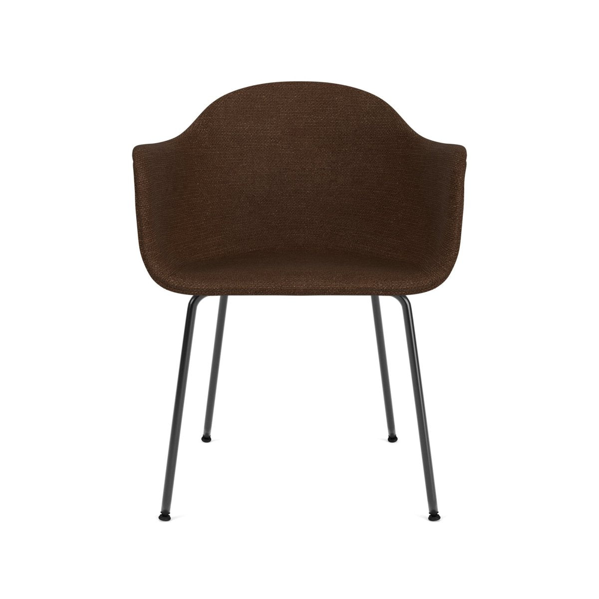 Front view of the Harbour Arm Chair with textured brown bouclé upholstery and a minimalist black steel base.