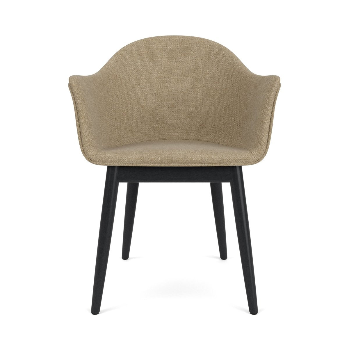 Front view of the Harbour Arm Chair featuring a black-painted oak base and textured Audo Bouclé 02 upholstery.