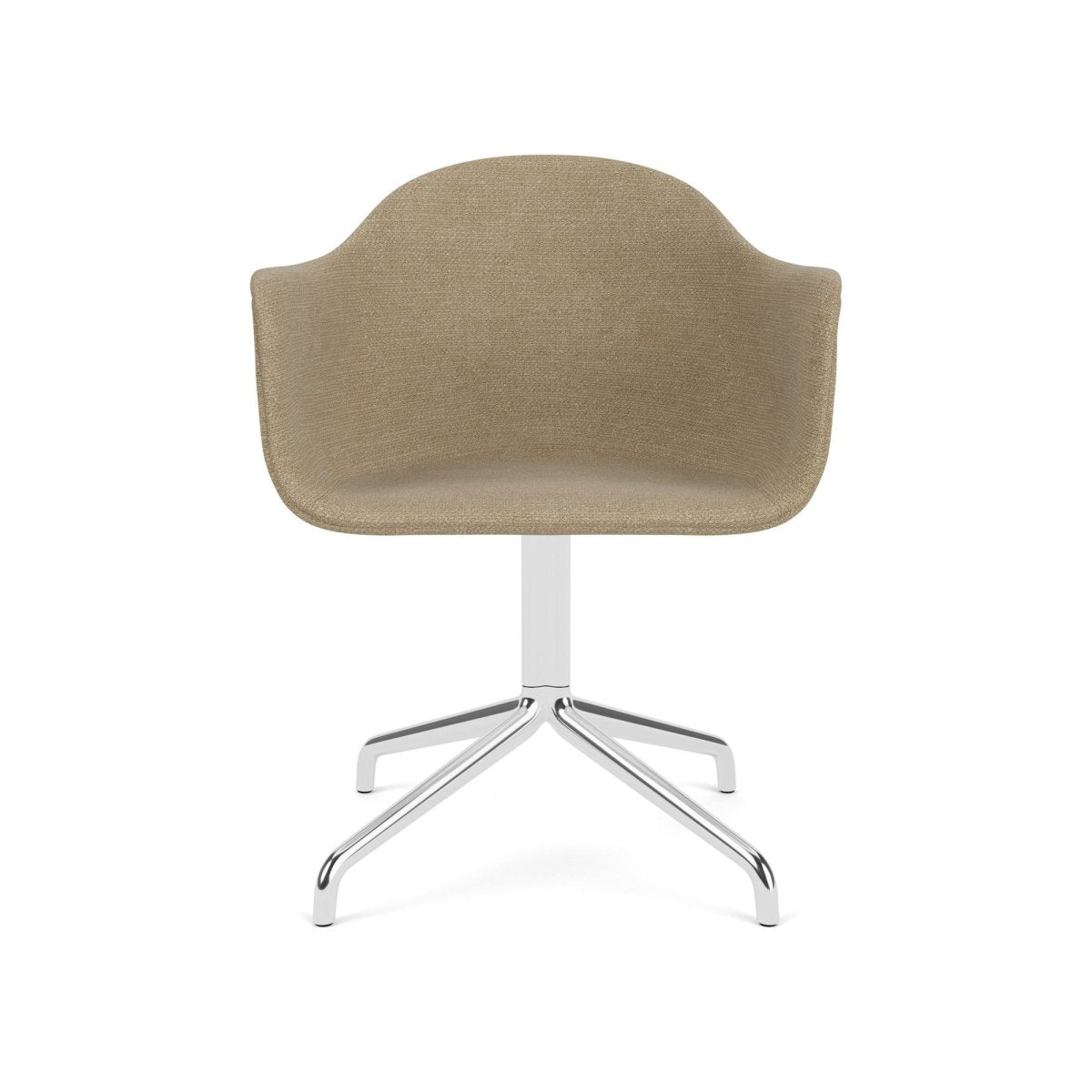 Harbour Arm Chair with tan textured upholstery and a polished aluminum swivel star base, shown from the front.