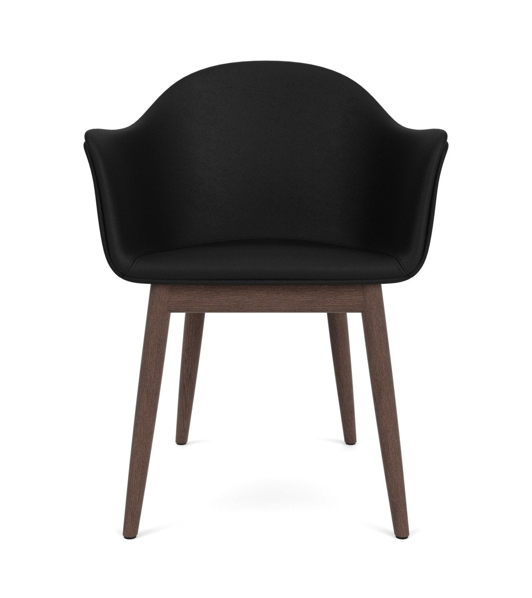 Front view of the Harbour Arm Chair featuring black Sierra upholstery and a dark stained oak base.
