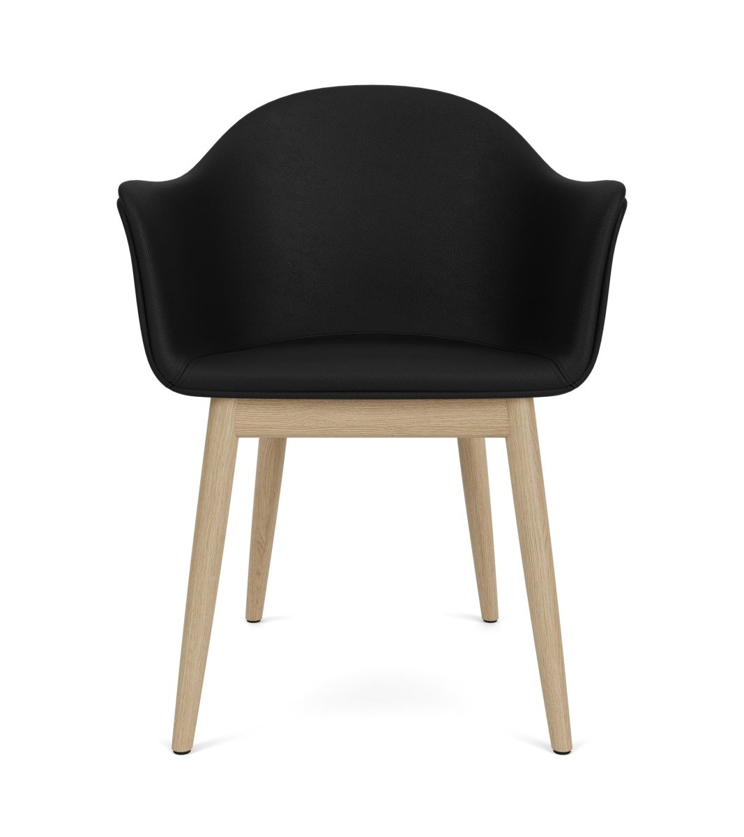 Front view of the Harbour Arm Chair featuring a black upholstered seat and a natural oak base.