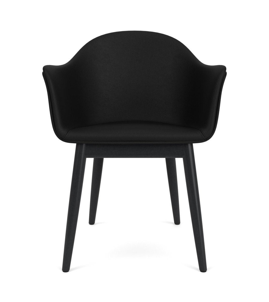 Harbour Arm Chair with black Sierra leather upholstery and black-painted oak legs, seen from the front.