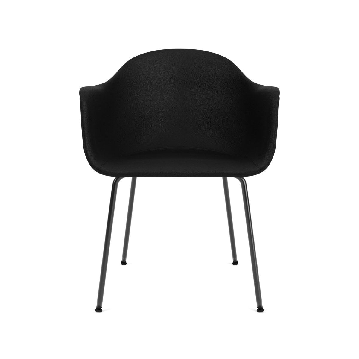 Front view of the Harbour Arm Chair, Dining Height, featuring a black upholstered shell and a slim black steel base.