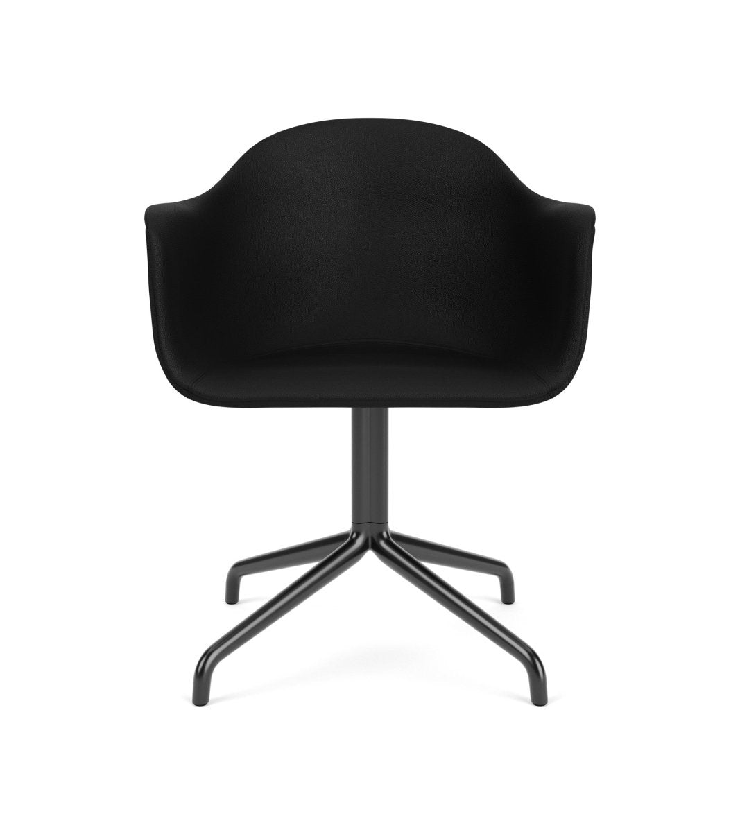 Front view of the black upholstered Harbour Arm Chair featuring a matching black star swivel base.