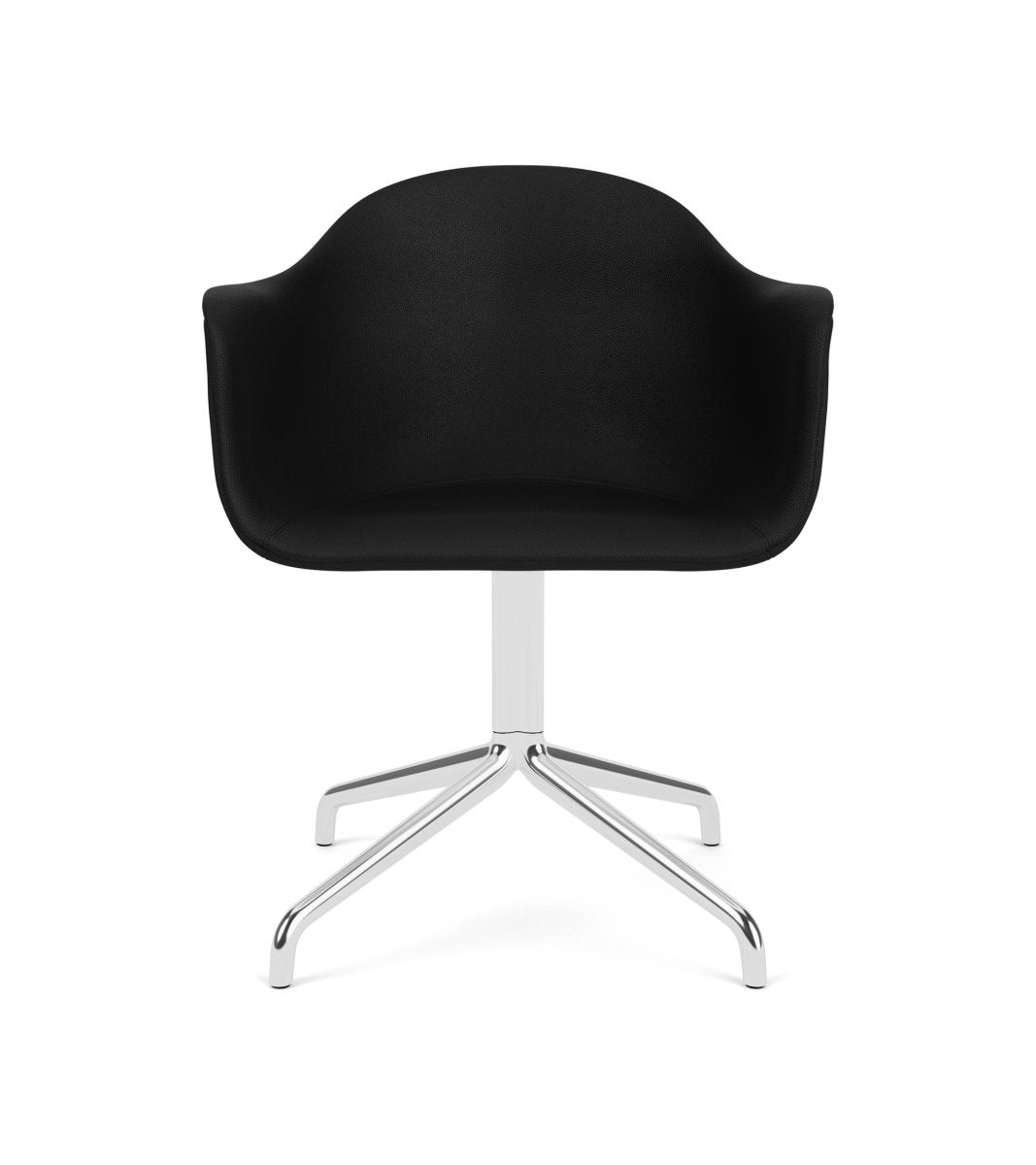 Front view of the Harbour Arm Chair featuring a black upholstered shell and a polished aluminum swivel star base.