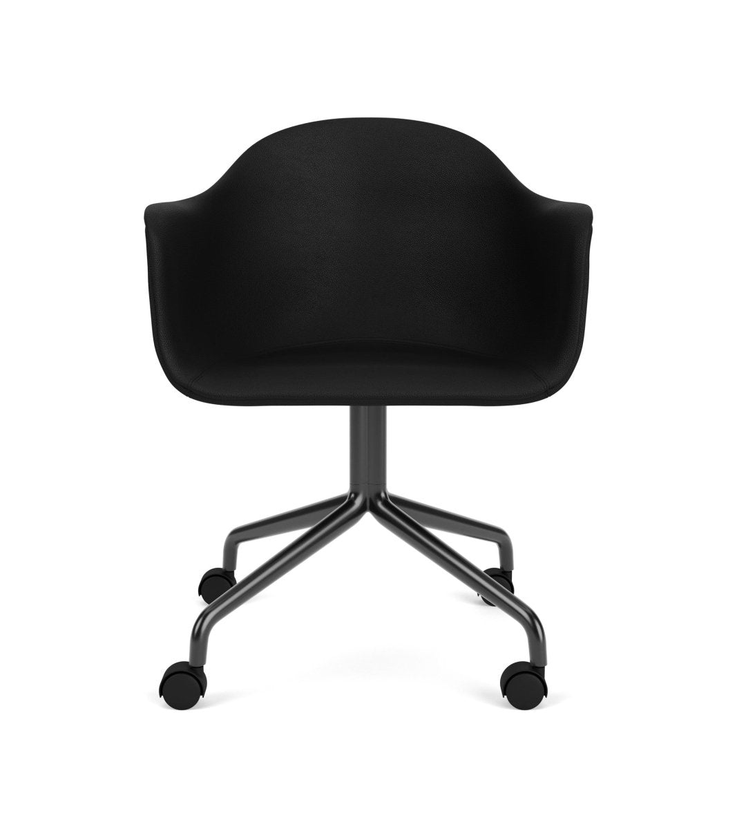 Black Harbour Arm Chair with an upholstered shell and matching star base with casters, seen from a front view.