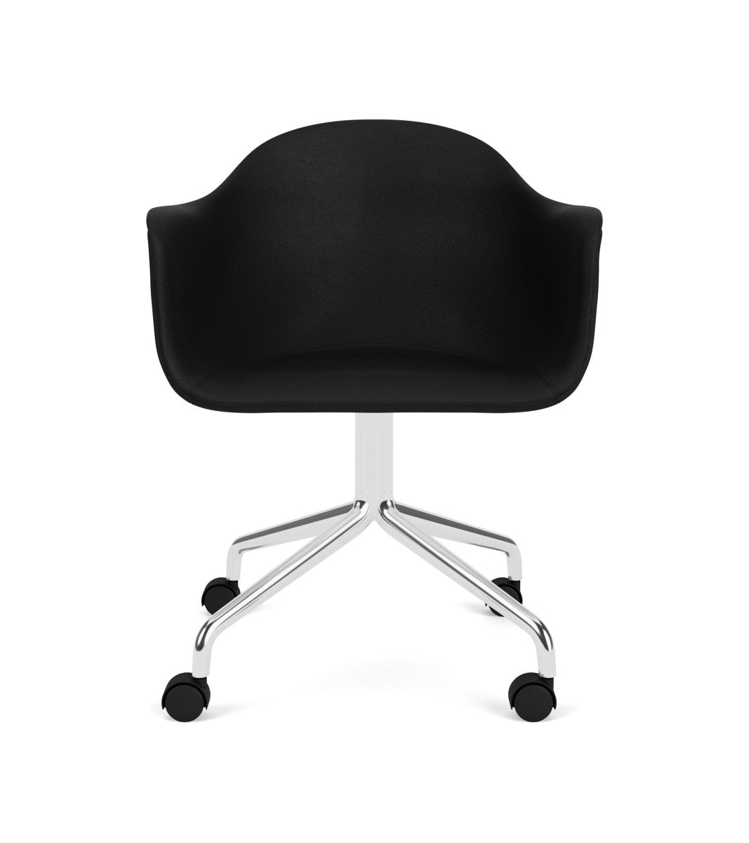 Harbour Arm Chair with black Sierra 1001 upholstery and a polished aluminum star base with casters, front view.