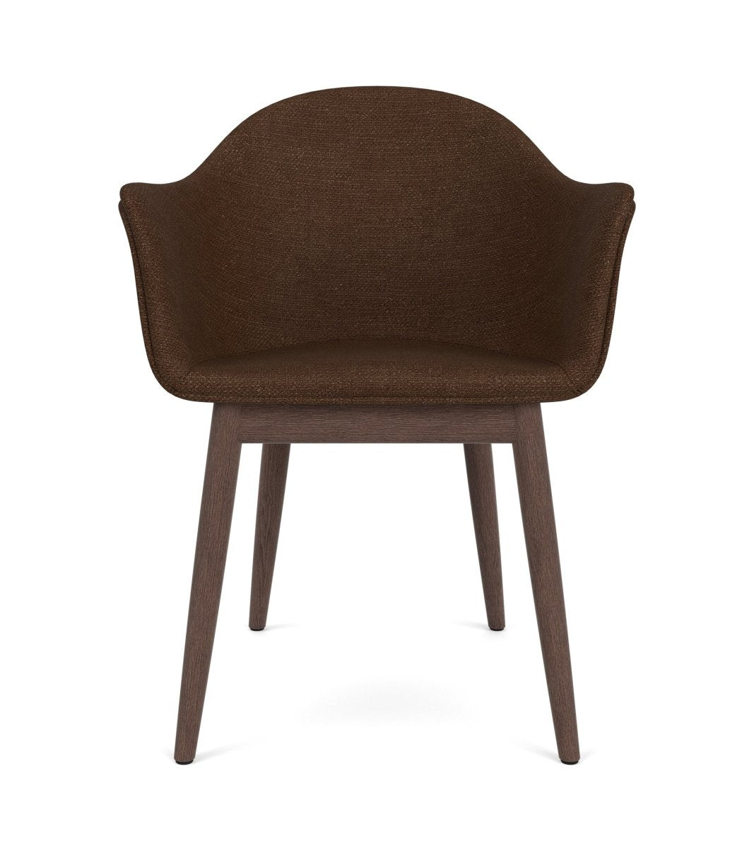 Front view of the Harbour Arm Chair, Dining Height, in dark brown bouclé with a dark-stained oak base.