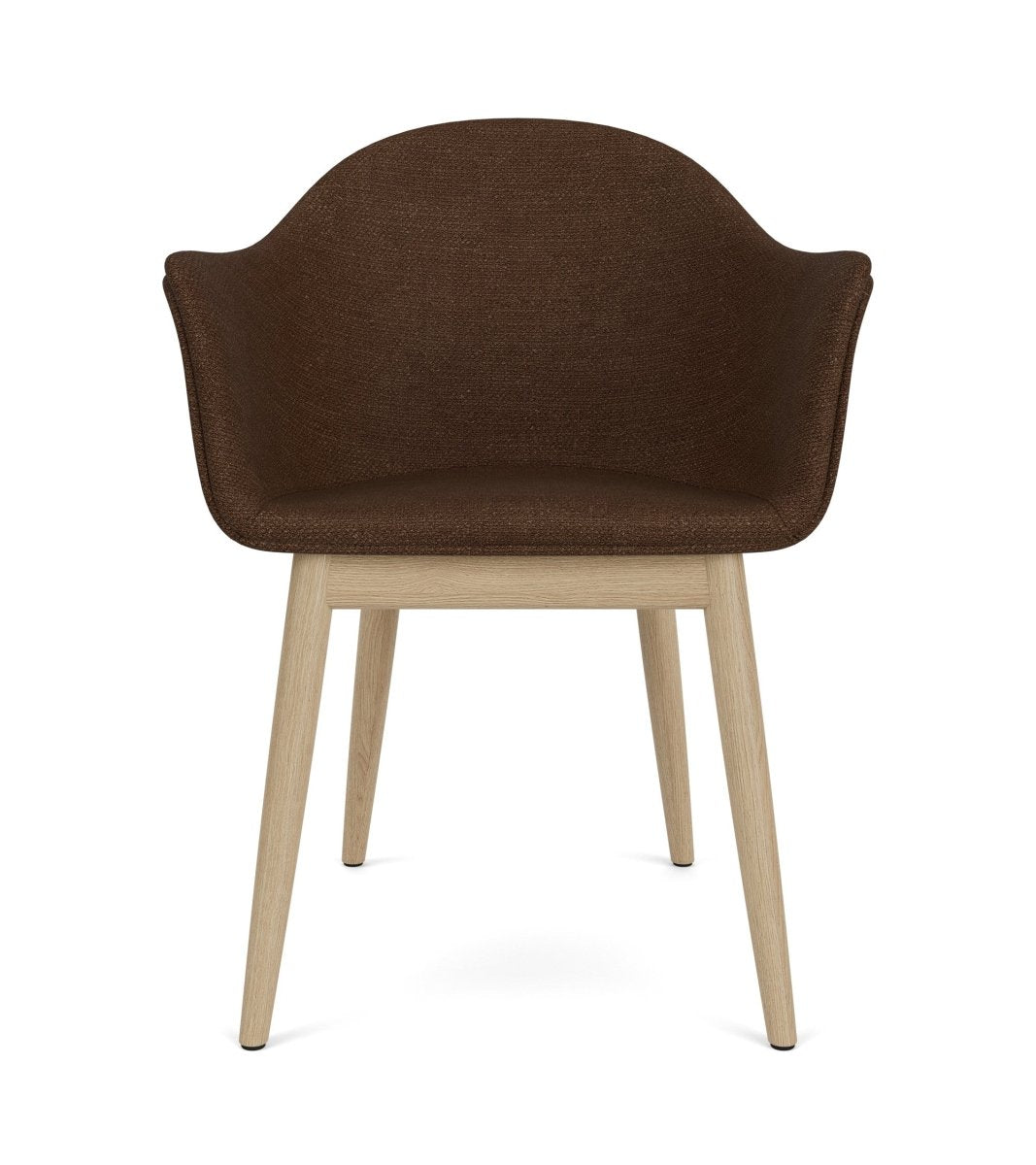 Front view of the Harbour Arm Chair with a dark brown bouclé upholstered shell and a natural oak wood base.
