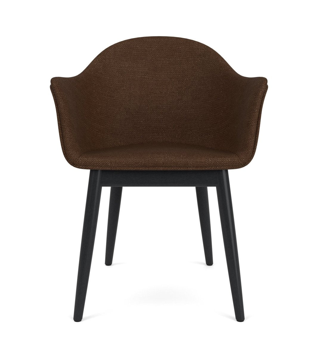 Front view of the Harbour Arm Chair, Dining Height, with a black-painted oak base and brown boucle upholstery.