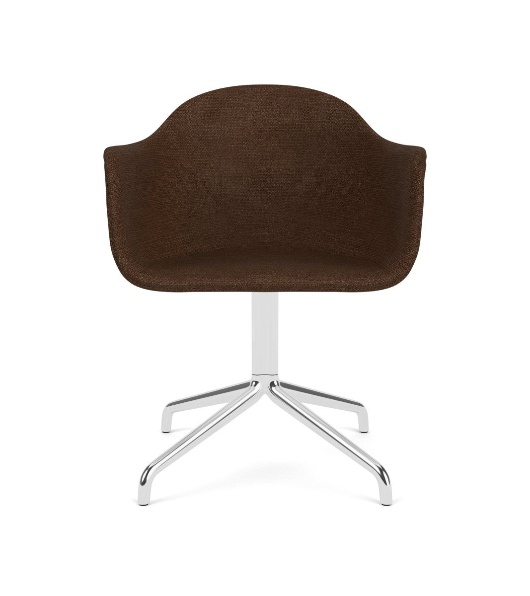 Front view of the Harbour Arm Chair upholstered in dark brown bouclé on a polished aluminum star swivel base.