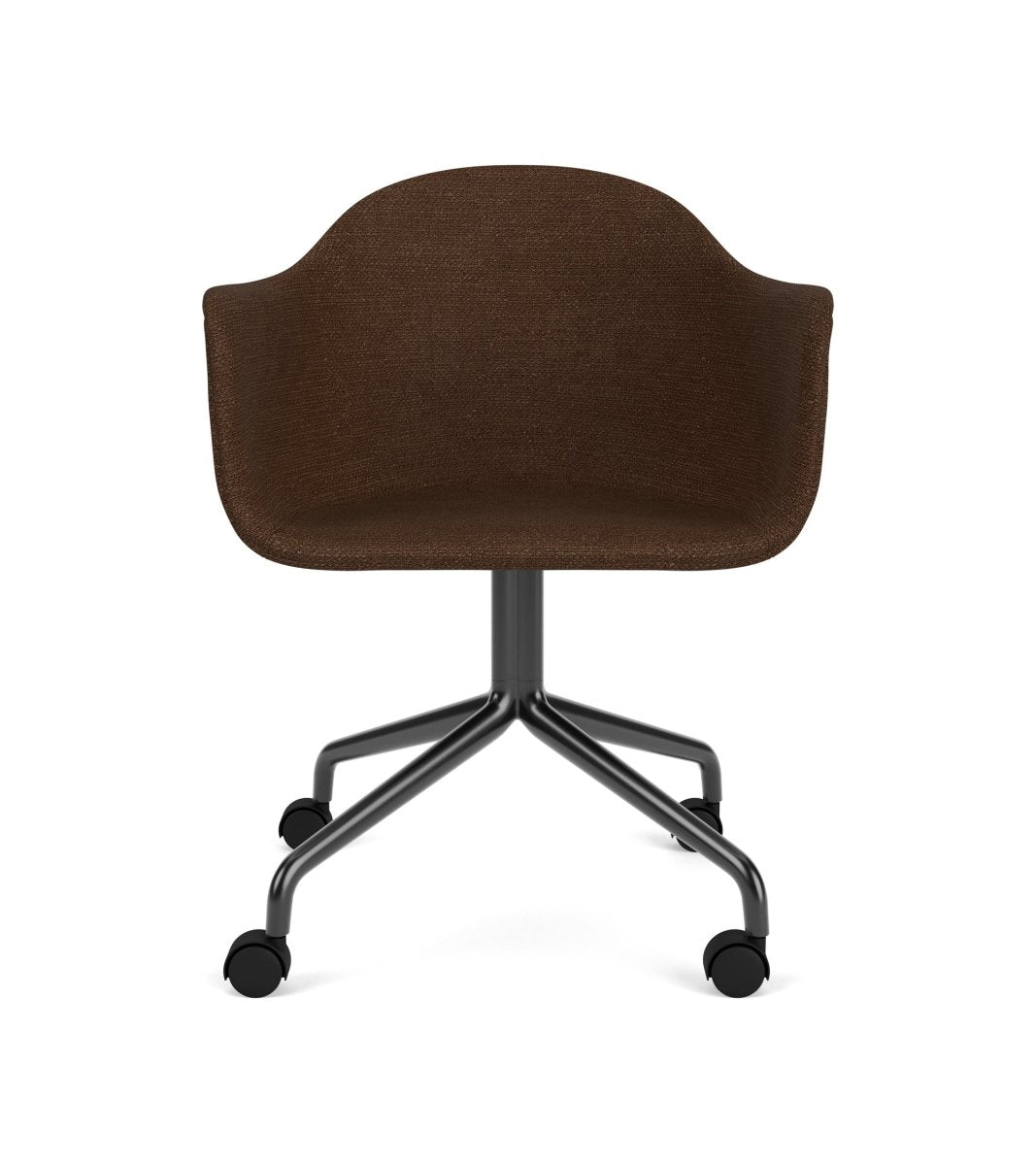 Harbour Arm Chair featuring brown bouclé upholstery and a black star base with casters, viewed from the front.