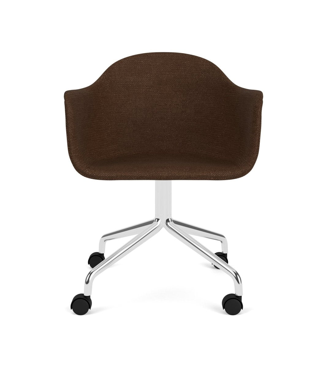 Harbour Arm Chair featuring brown Audo Bouclé 07 upholstery and a polished aluminum star base with casters.