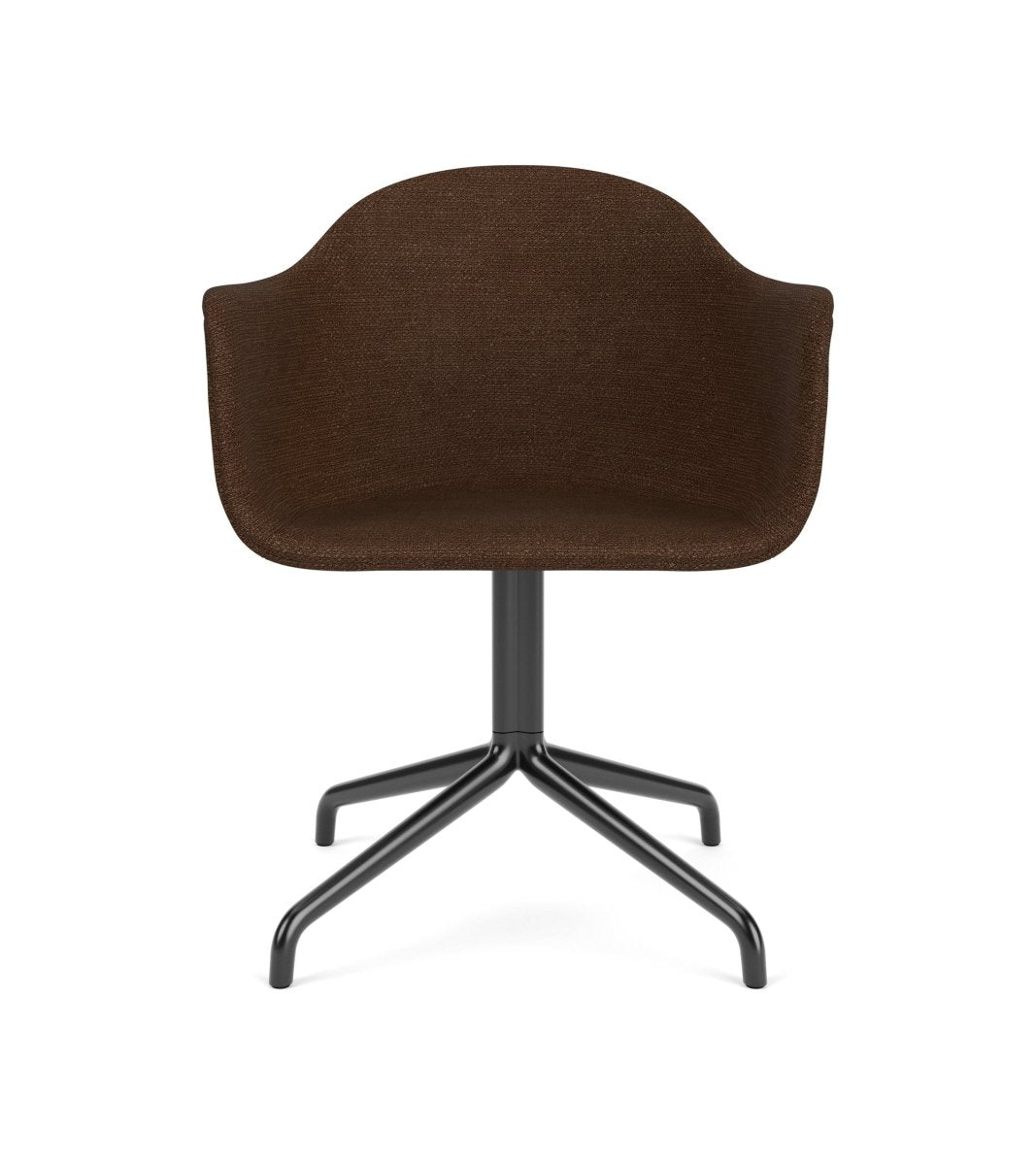 Harbour Arm Chair with dark brown bouclé upholstery and a black star swivel base, seen from the front.