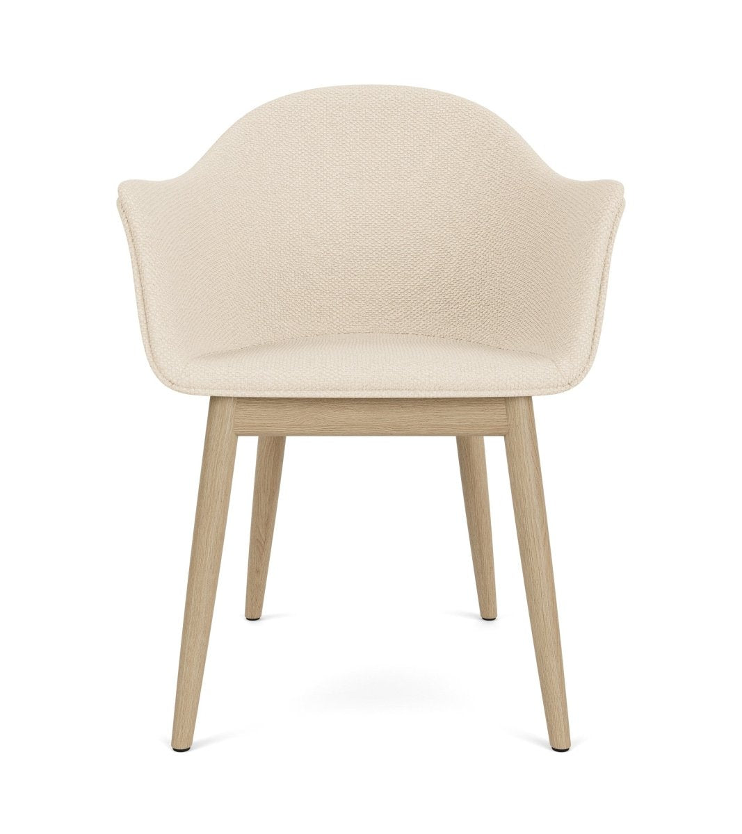 Front view of the Harbour Arm Chair, upholstered in Logan Jasmin fabric with a natural oak wood base.
