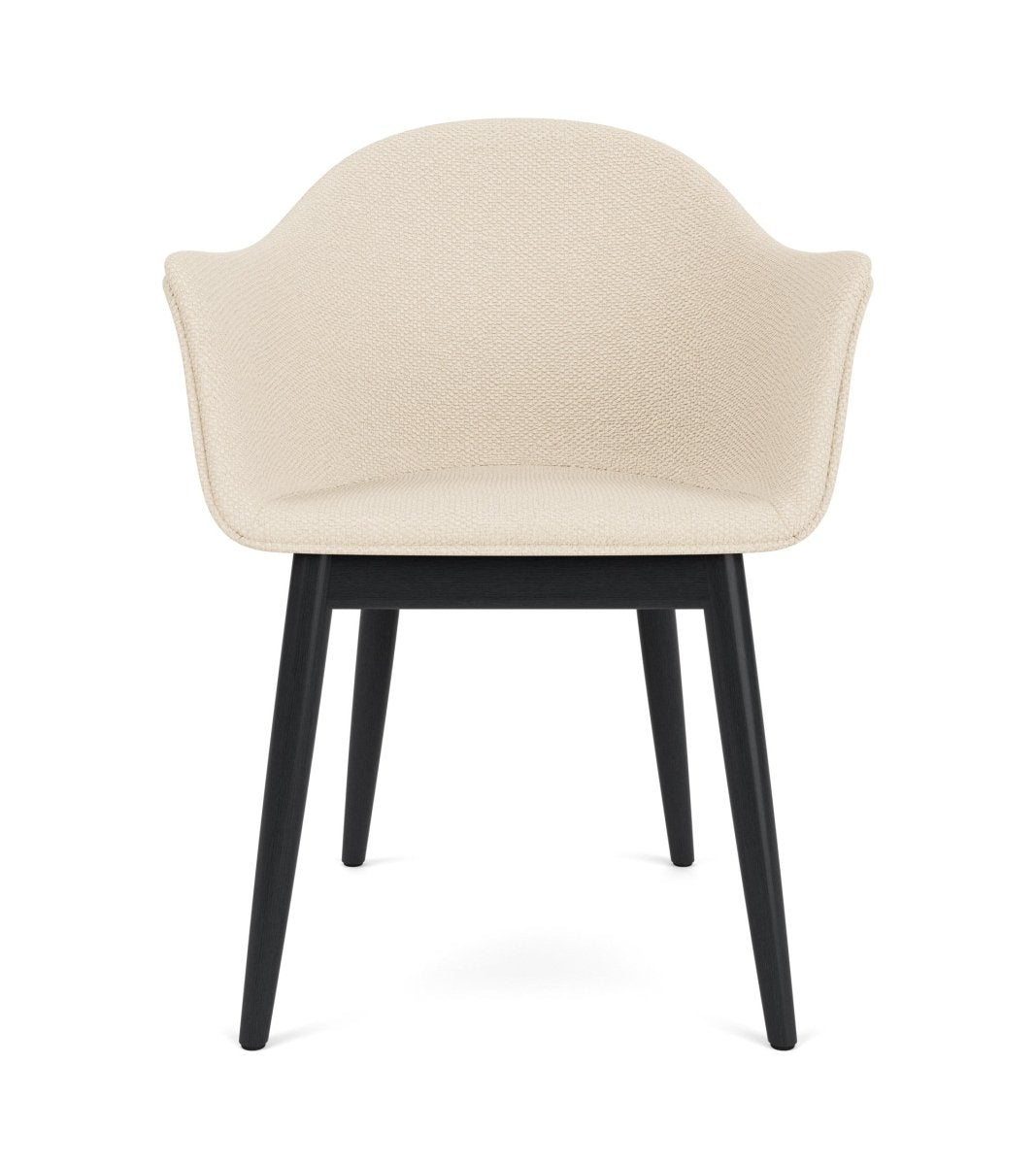Front view of the Harbour Arm Chair with a textured beige upholstered shell and a black-painted oak base.