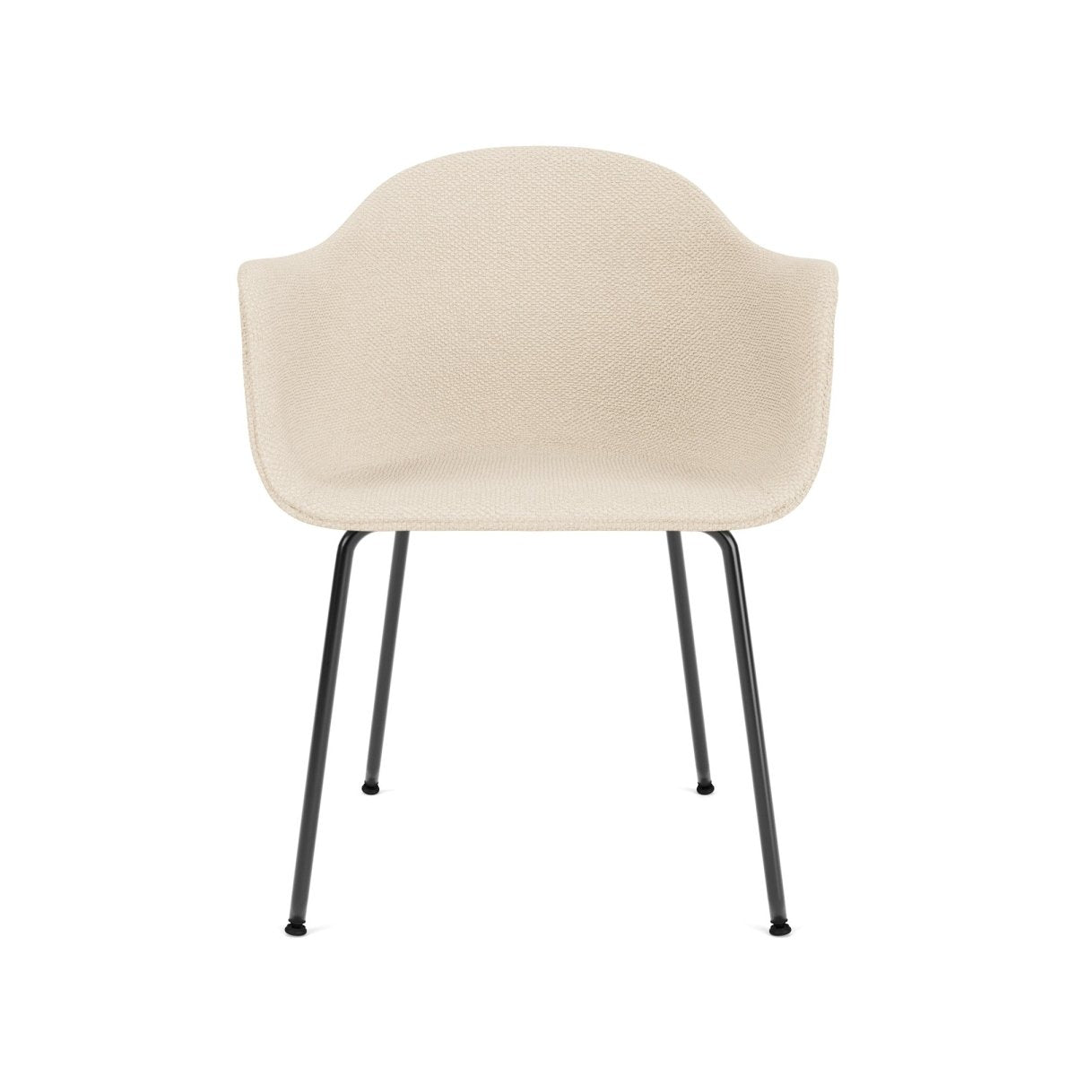Front view of the Harbour Arm Chair with light beige Logan Jasmin upholstery and a sleek black steel base.