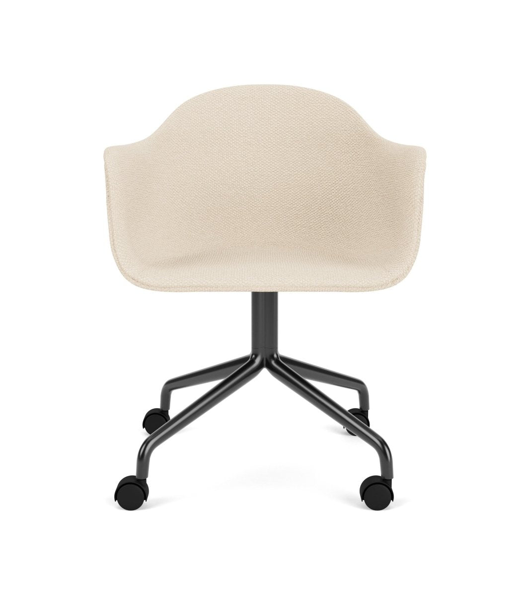 Front view of the Harbour Arm Chair in Logan Jasmin upholstery with a black star base and casters.