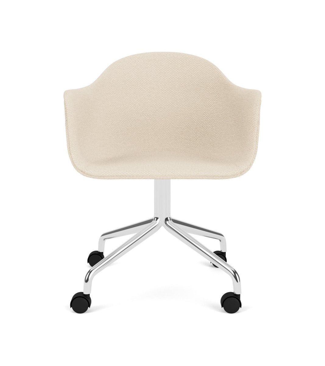 Front view of the Harbour Arm Chair in Logan Jasmine upholstery with a polished aluminum star base and casters.