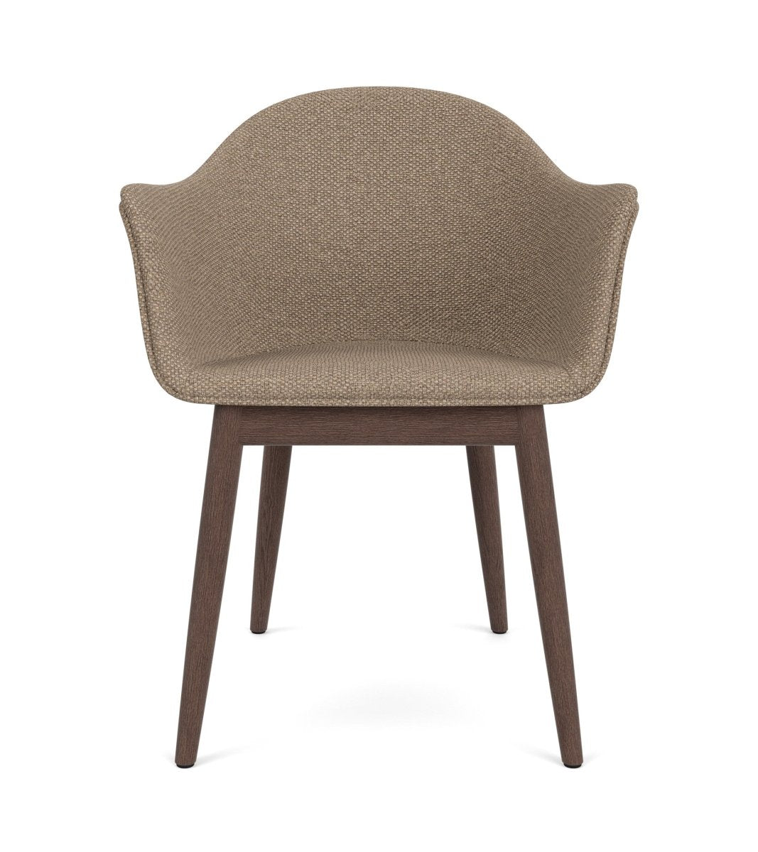 Front view of the Harbour Arm Chair featuring textured Logan Flint upholstery and a dark-stained oak base.