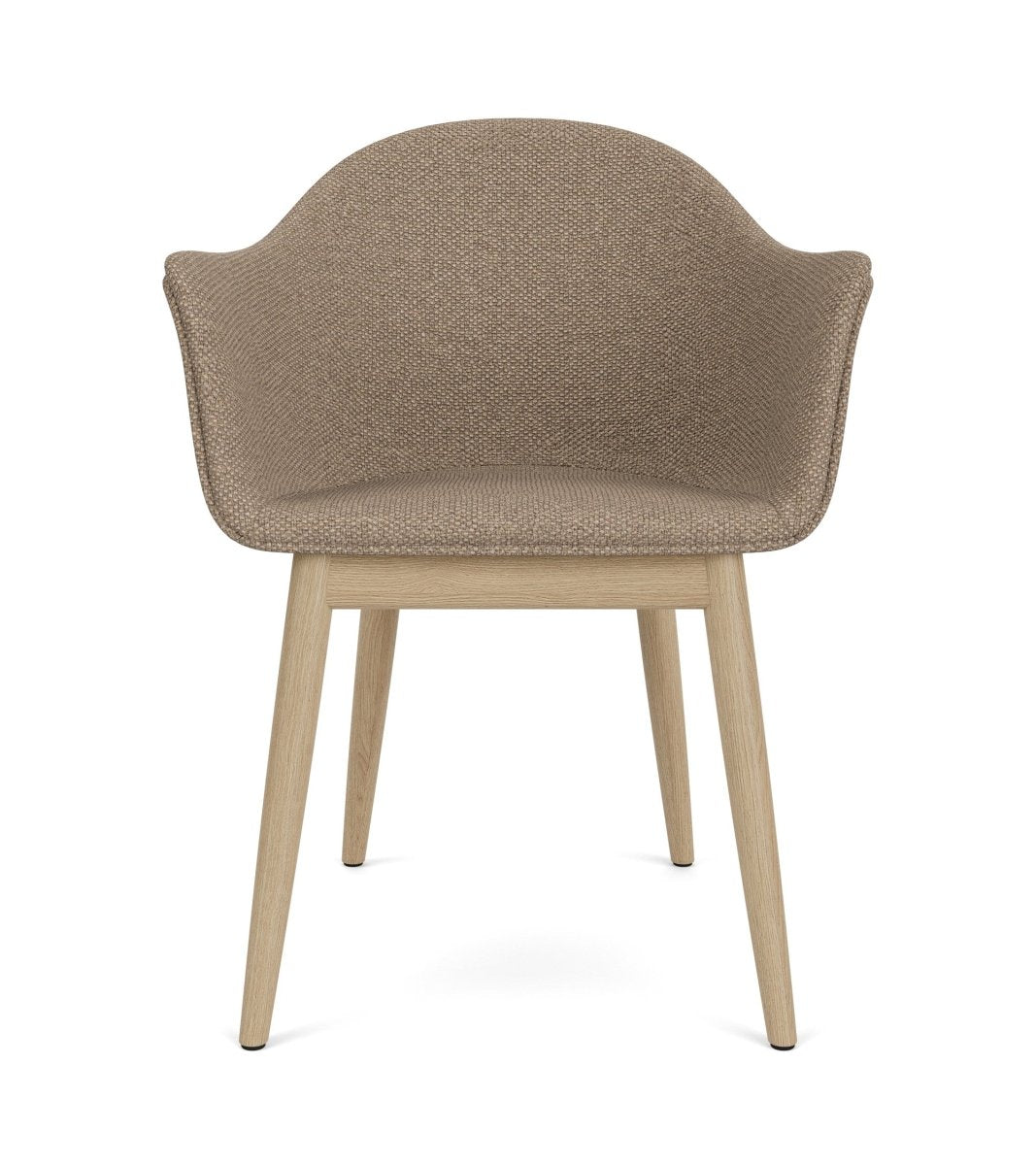 Front view of the Harbour Arm Chair with a natural oak base and Logan Flint textured fabric upholstery.