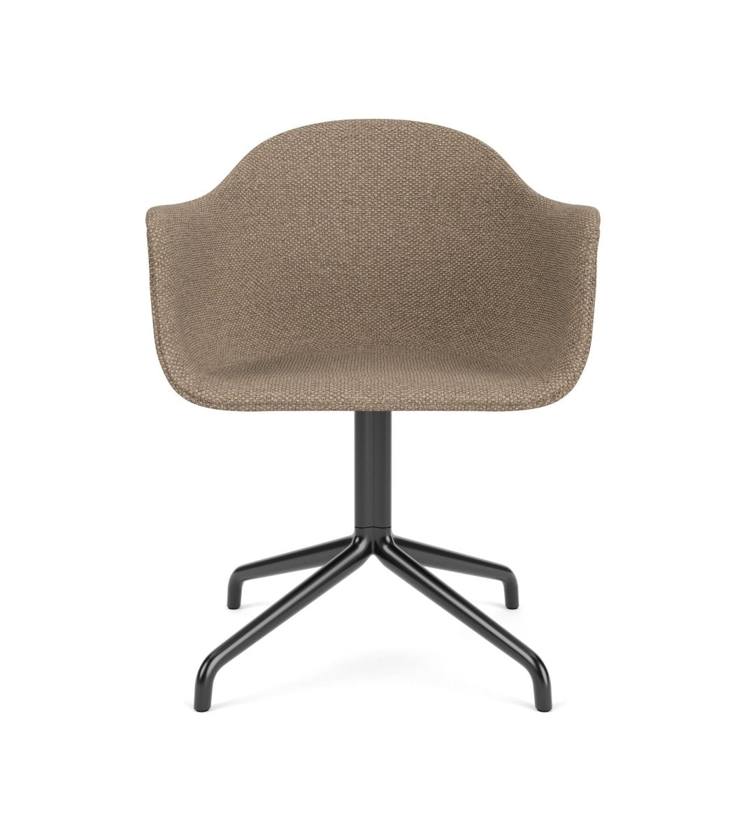 Front view of the Harbour Arm Chair with Logan Flint textured upholstery and a black star base with swivel.