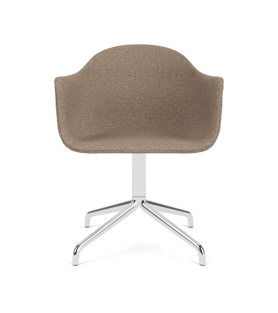 Front view of the Harbour Arm Chair upholstered in Logan Flint with a polished aluminum swivel star base.