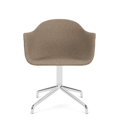 Front view of the Harbour Arm Chair upholstered in Logan Flint with a polished aluminum swivel star base.