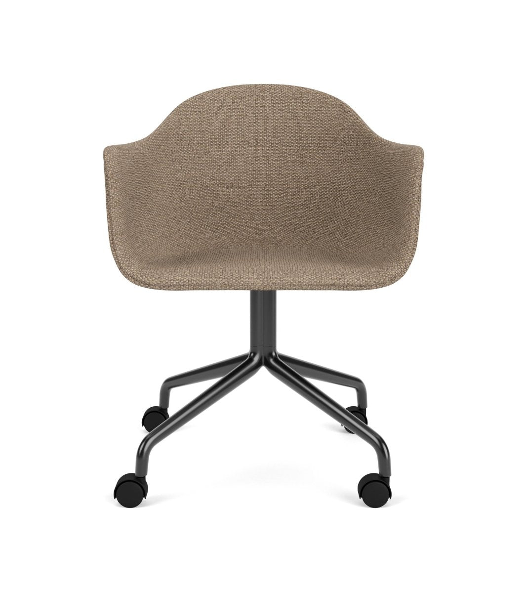 Front view of the upholstered Harbour Arm Chair in Logan Flint fabric with a black star base and casters.