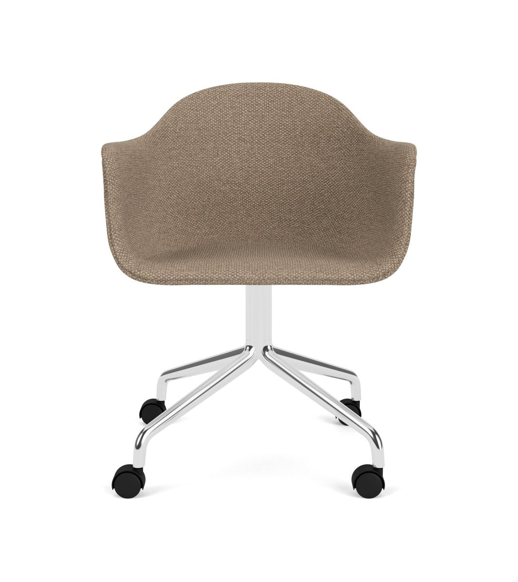 Front view of the Harbour Arm Chair in Logan Flint upholstery with a polished aluminum star base and casters.