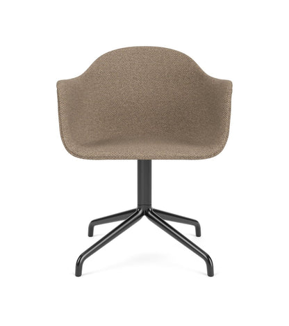 Front view of the Harbour Arm Chair with a black star swivel base and textured Logan Flint brown fabric upholstery.