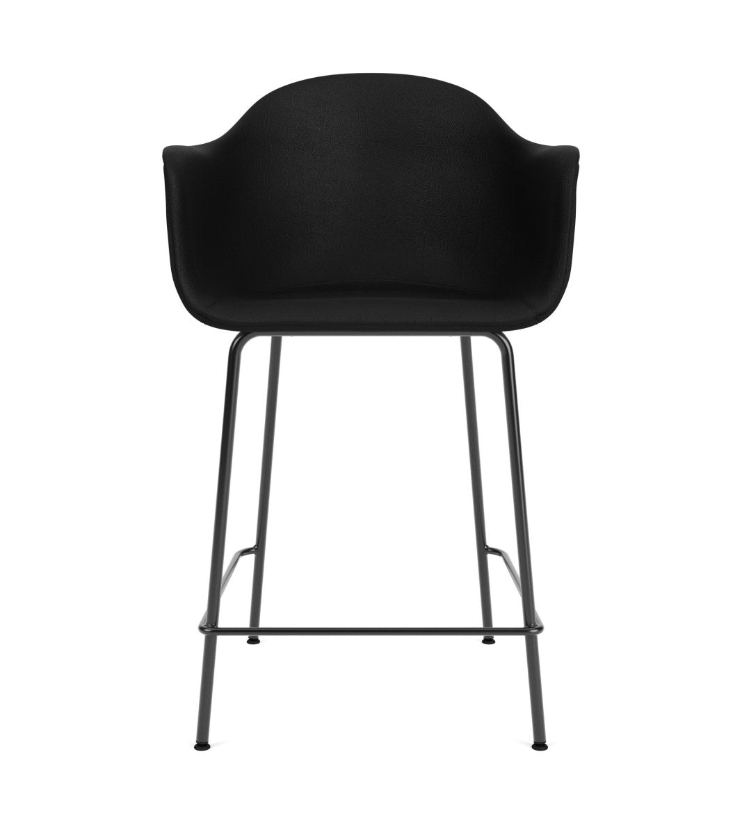 Front view of the black upholstered Harbour Arm Chair with slender black powder-coated steel legs, Bar or Counter Height.