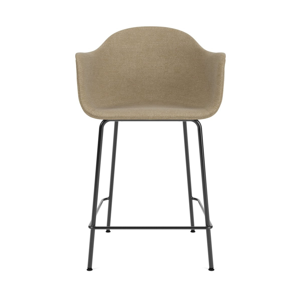 Front view of the Harbour Arm Chair, Counter & Bar Height, with beige boucle upholstery and a black steel base.
