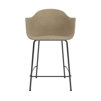 Front view of the Harbour Arm Chair, Counter & Bar Height, with beige boucle upholstery and a black steel base.