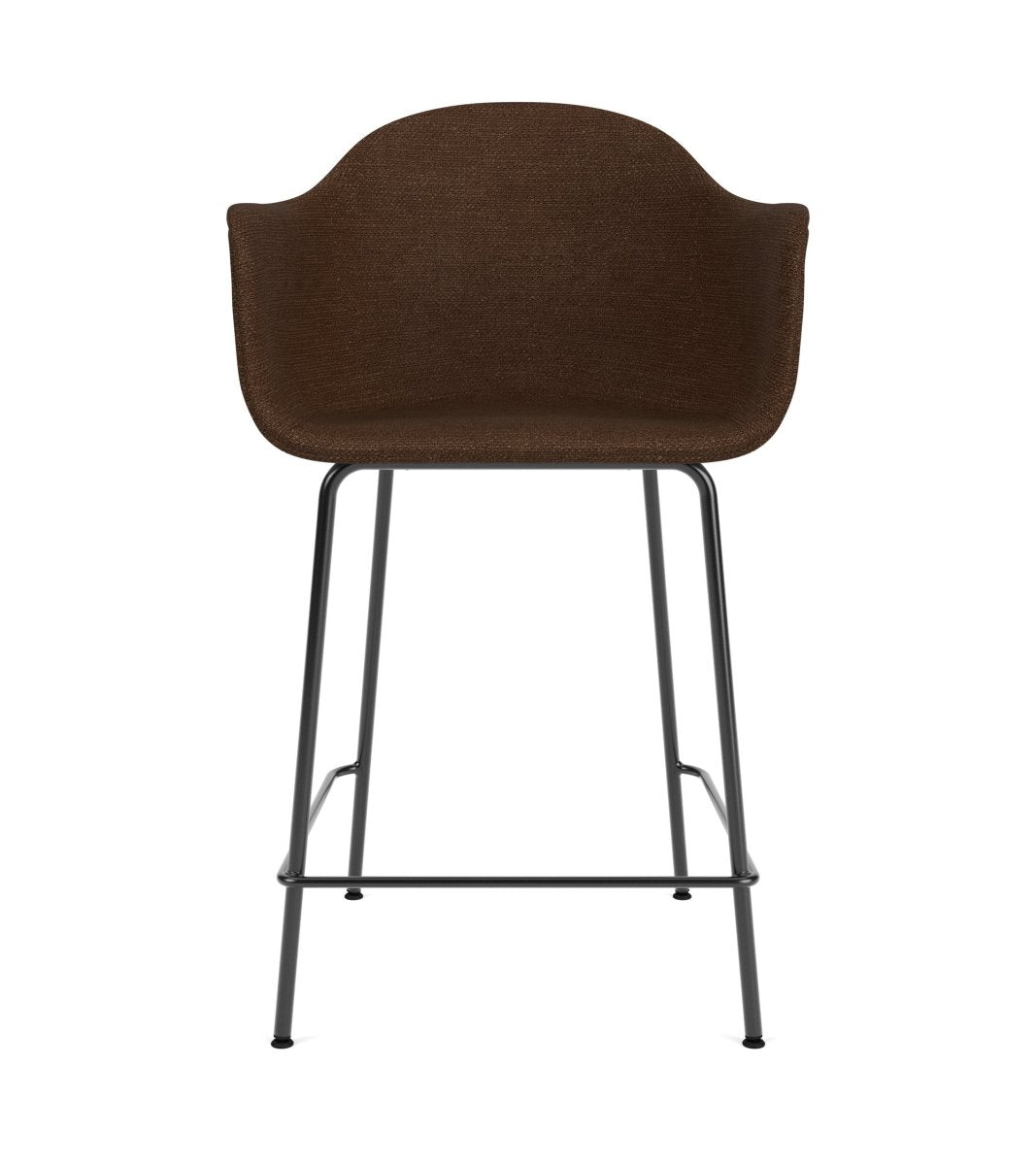Front view of the upholstered Harbour Arm Chair in dark brown boucle fabric with slender black steel legs.