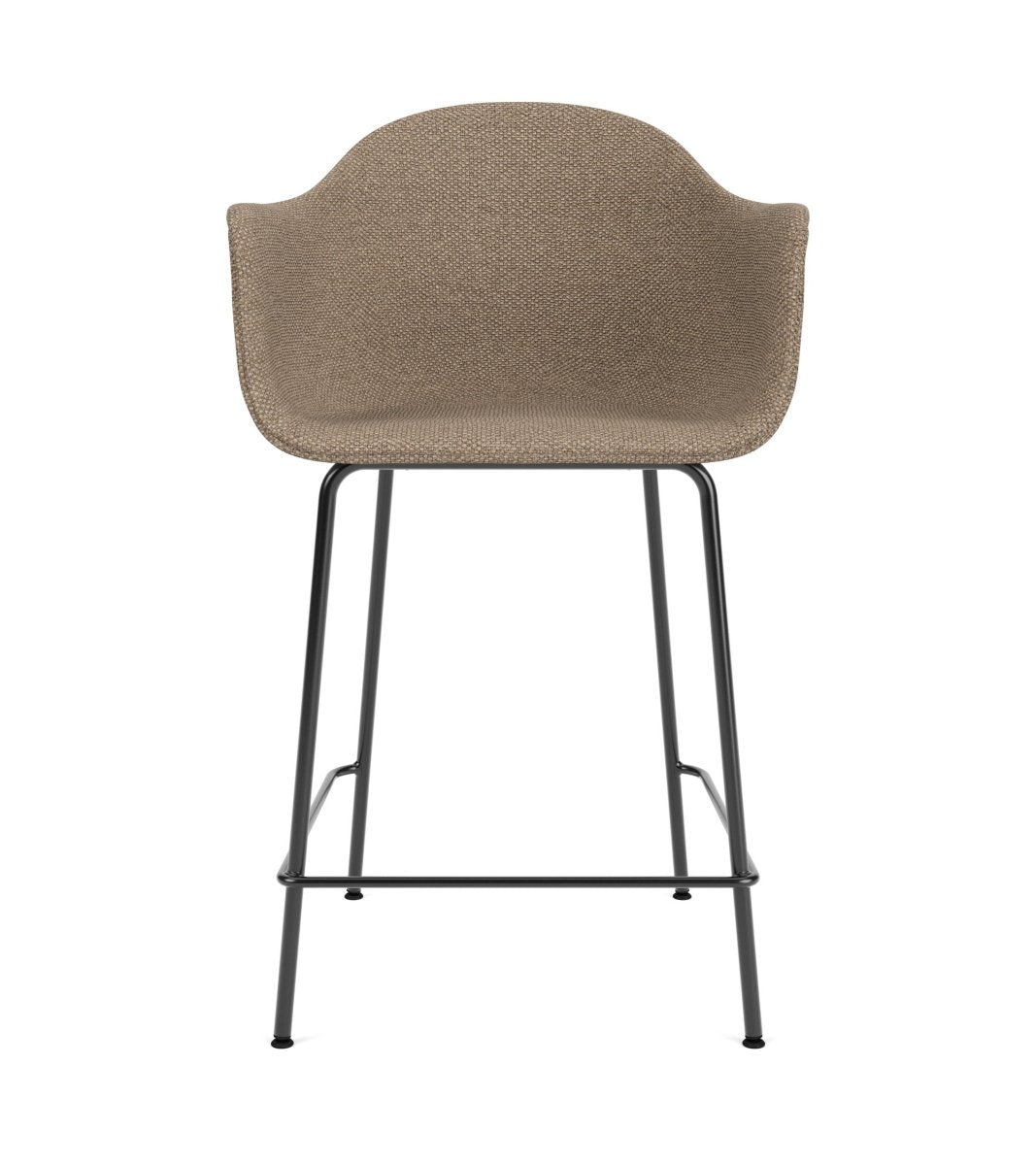 Front view of the upholstered Harbour Arm Chair in Logan Flint with a minimalist black powder-coated steel frame.
