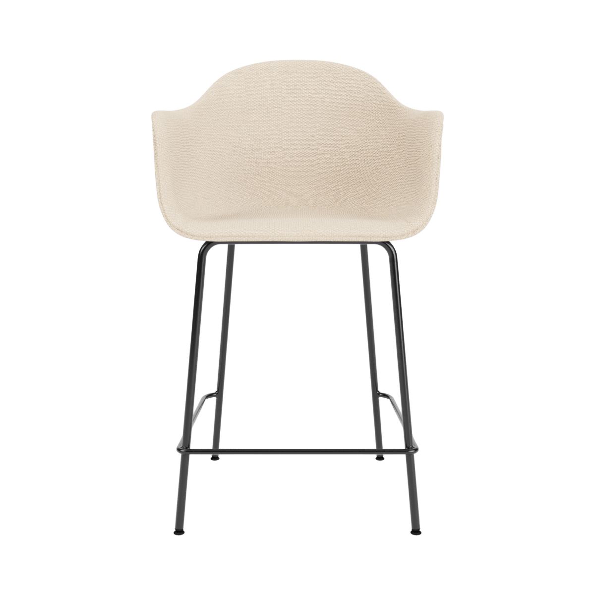 Front view of the Harbour Arm Chair, Counter Height, with cream Jasmin upholstery and a black powder-coated steel base.