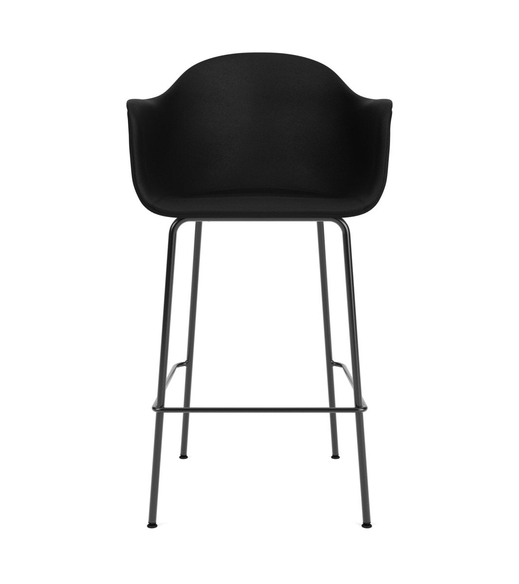 Upholstered Harbour Arm Chair, Counter & Bar Height, in black Sierra leather with a slim black metal frame.