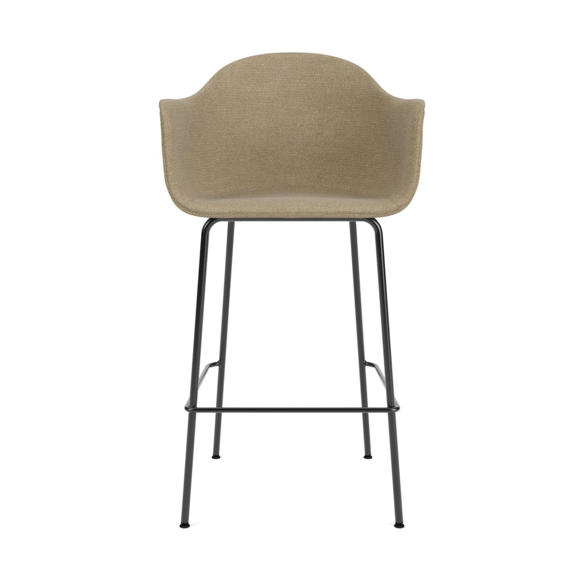 Front view of the Harbour Arm Chair, Bar Height, featuring beige bouclé upholstery and a slender black steel base.