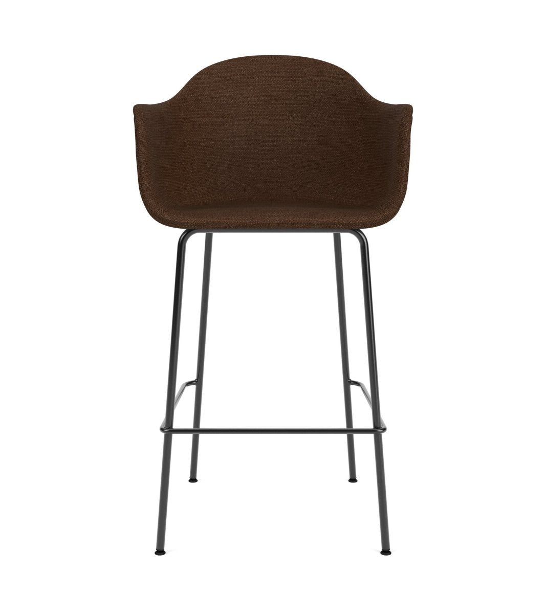 Harbour Arm Chair, Counter & Bar Height, Upholstered in brown boucle fabric with a black powder-coated steel base.