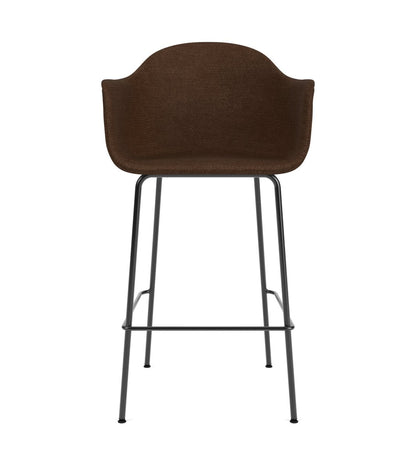 Harbour Arm Chair, Counter & Bar Height, Upholstered in brown boucle fabric with a black powder-coated steel base.
