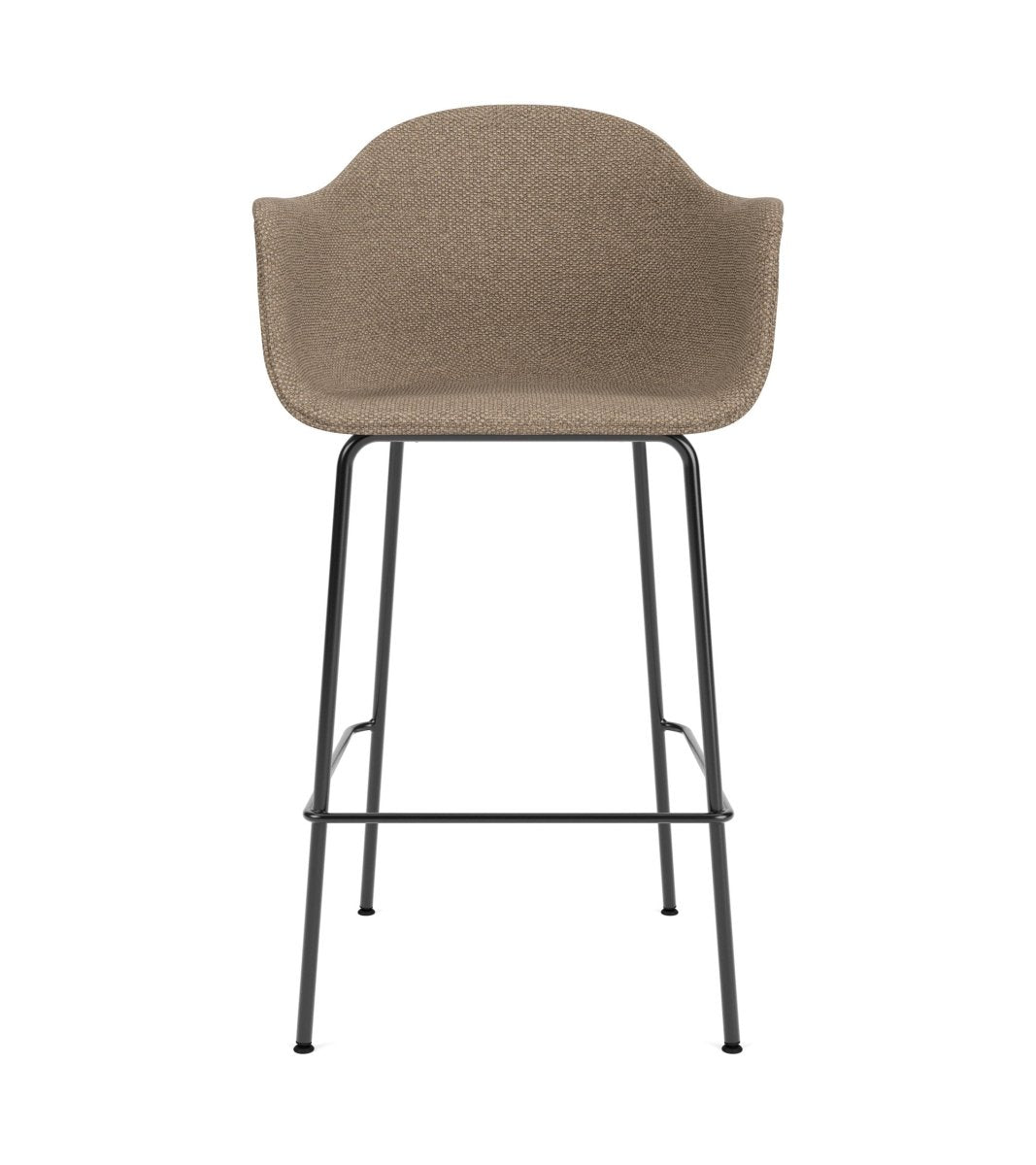 Front view of the Harbour Arm Chair, Counter & Bar Height, upholstered in Logan Flint fabric with black metal legs.