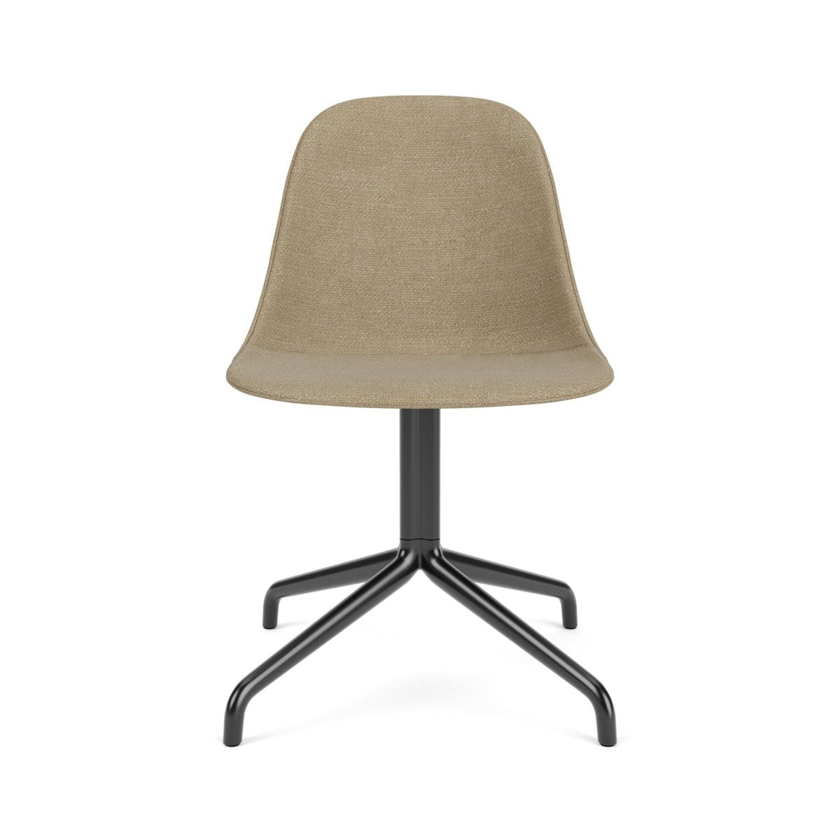 Front view of the upholstered Harbour Side Chair featuring beige bouclé fabric and a black star base.
