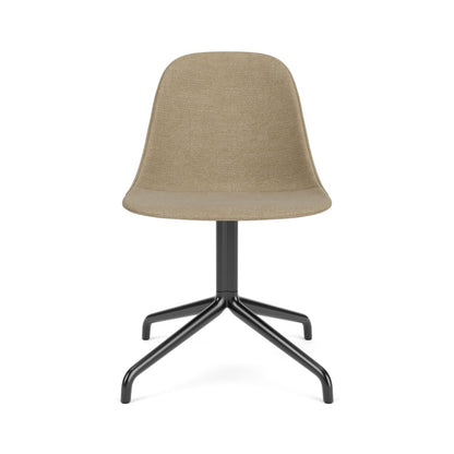 Front view of the upholstered Harbour Side Chair featuring beige bouclé fabric and a black star base.