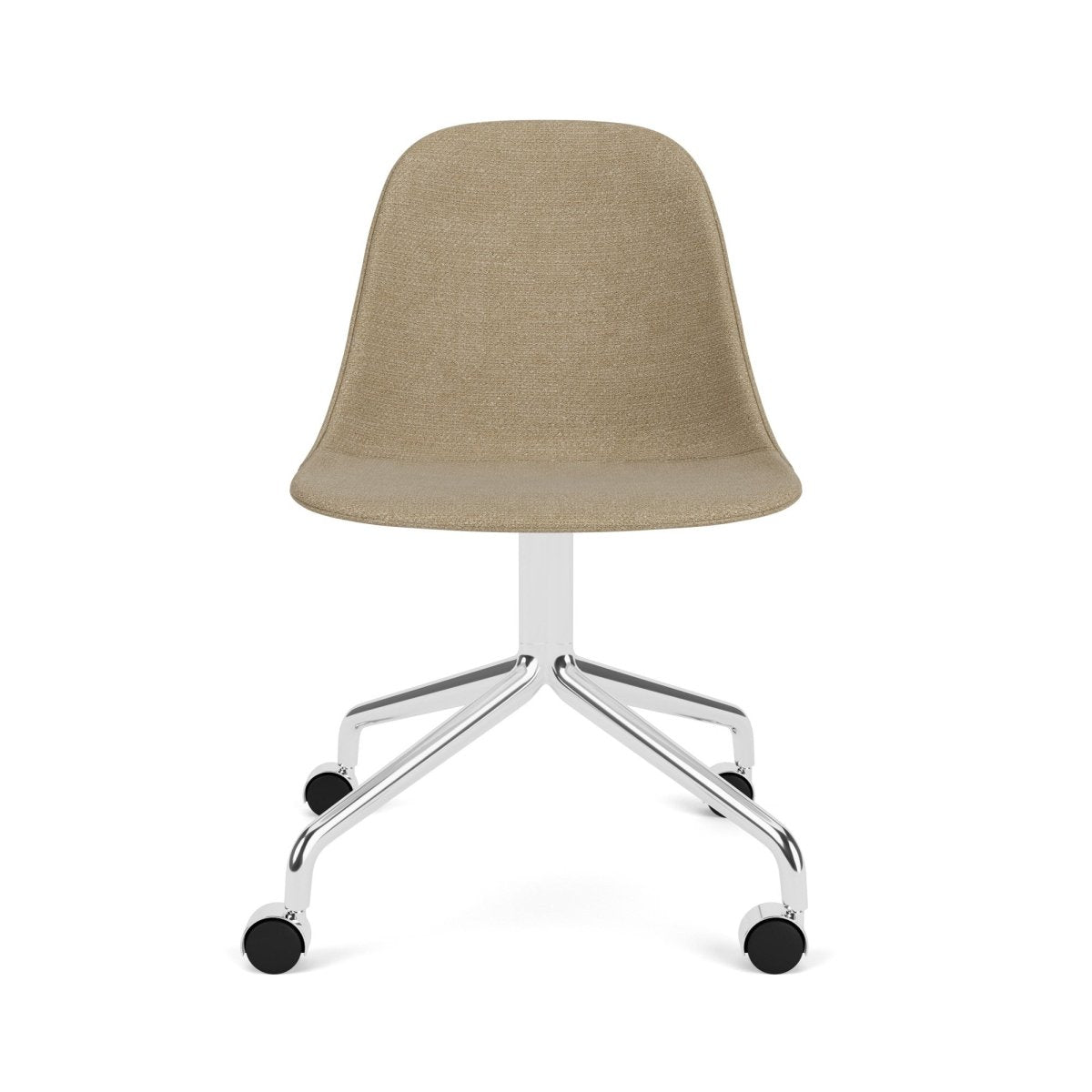 Harbour Side Chair featuring beige boucle upholstery and a polished aluminium star base with black casters.