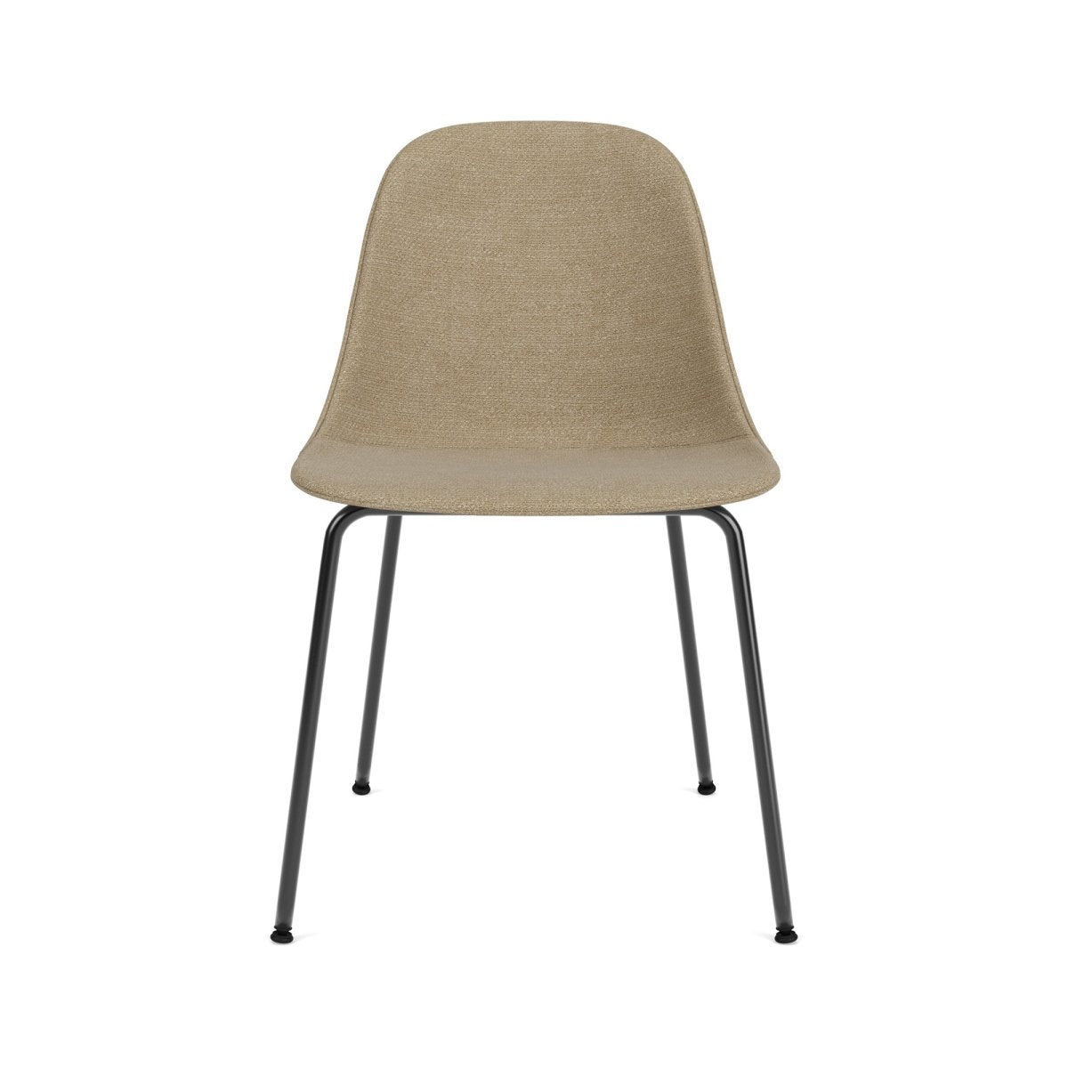 Front view of the Harbour Side Chair featuring beige Audo Bouclé 02 upholstery and black powder-coated metal legs.