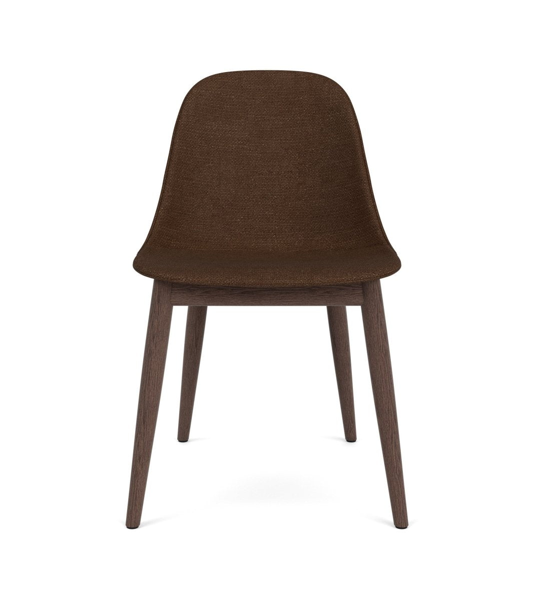 Front view of the Harbour Side Chair, Dining Height, upholstered in dark brown bouclé with a dark stained oak frame.