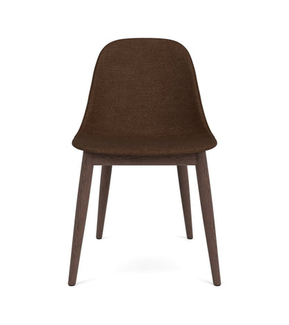 Front view of the Harbour Side Chair, Dining Height, upholstered in dark brown bouclé with a dark stained oak frame.