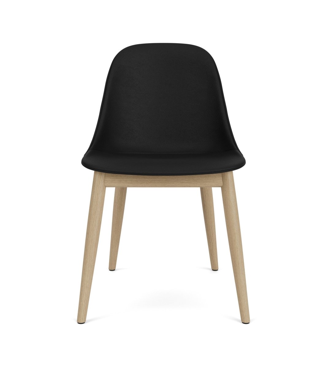 Front view of the Harbour Side Chair, Dining Height, upholstered in black Sierra leather with natural oak legs.